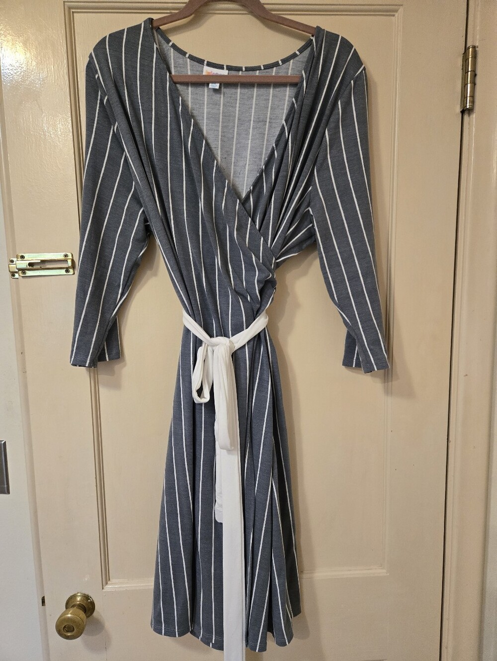 Lularoe Striped Slate Blue Wrap Dress with Tie Belt